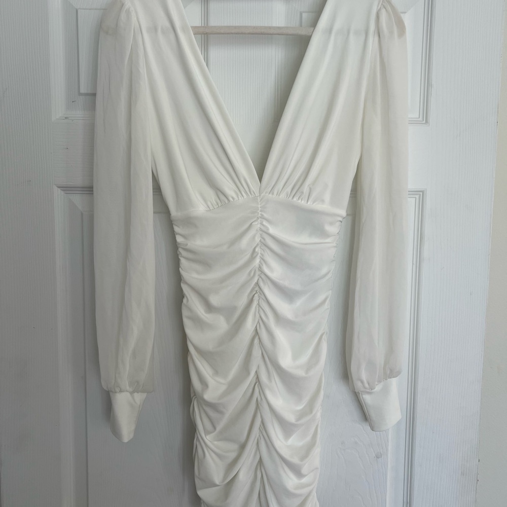Windsor Elegant White Ruched Long Sleeve Mini Dress